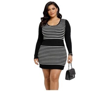 CACHE Size Small Sexy Black‎ and White Striped Knit Micro Mini Sweater Dress EUC